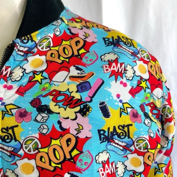 COMIC BOOK BOMBER JACKET CARTOON POW POP GRAPHIC BLUE RED MULTICOLOURED MEDIUM - Picture 10 of 12